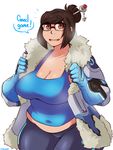  bad_id bad_tumblr_id beads belly breasts brown_eyes brown_hair cleavage coat curvy glasses gloves hair_bun hair_ornament hair_stick highres huge_breasts kimmi looking_at_viewer mei_(overwatch) open_clothes open_coat overwatch plump short_hair simple_background smile solo sweat tank_top thick_thighs thighs white_background wide_hips 