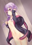  bare_shoulders breasts convenient_censoring covering_nipples cowboy_shot hair_censor hair_ornament hood hoodie kogara_(frenzied_kotori) long_hair looking_at_viewer naked_hoodie navel off_shoulder open_clothes open_mouth purple_eyes purple_hair short_hair_with_long_locks sidelocks small_breasts solo twitter_username vocaloid voiceroid yuzuki_yukari 