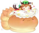  :3 animal_ears brown_hair cat_ears cat_tail chen closed_eyes closed_mouth commentary fox_tail green_hat hat heart ibaraki_natou jewelry lying mob_cap multiple_tails nekomata on_stomach pillow_hat short_hair single_earring sukusuku_hakutaku tail touhou two_tails yakumo_ran 