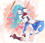  alternate_eye_color arm_up blue_eyes blue_hair boots bow full_body hinanawi_tenshi knee_boots long_hair looking_at_viewer miniskirt open_mouth panties pantyshot puffy_sleeves shirt skirt solo subachi sword_of_hisou touhou underwear upskirt very_long_hair white_panties 