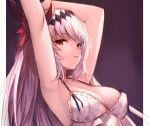  1girl armpits arms_up babydoll bangs bare_arms bare_shoulders breasts cleavage commentary_request dark_jeanne erect_nipples eyebrows_visible_through_hair frills granblue_fantasy hair_ornament highres jeanne_d&#039;arc_(granblue_fantasy) koretsuki_azuma long_hair looking_at_viewer medium_breasts parted_lips red_eyes revision solo upper_body white_babydoll white_hair 
