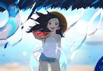  :d abstract_background arm_behind_back beach black_hair blush commentary cowboy_shot food fruit green_eyes gwayo hat holding innertube long_hair looking_at_viewer open_mouth original outdoors sand shorts smile solo straw_hat sun_hat tank_top water water_drop watermelon 