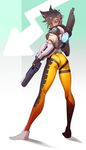  ass bodysuit bomber_jacket brown_hair directional_arrow dual_wielding gun handgun highres holding jacket legs long_legs looking_at_viewer looking_back orange_bodysuit overwatch pants pistol short_hair solo thighs tight tight_pants tomoyuki_kotani tracer_(overwatch) weapon 