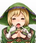  blonde_hair blush breasts brown_eyes djeeta_(granblue_fantasy) elbow_gloves finger_in_mouth fur gloves granblue_fantasy half-closed_eyes hermit_(granblue_fantasy) hood looking_at_viewer medium_breasts mouth_pull nipples open_mouth oral_invitation saliva short_hair simple_background solo teeth ten_piboshi tongue tongue_out white_background white_gloves 