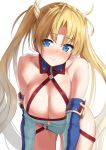  1girl all_fours bangs bare_shoulders blonde_hair blue_eyes blush body_mahattaya_ginga bradamante_(fate/grand_order) braid breasts cleavage collarbone elbow_gloves eyebrows_visible_through_hair fate/grand_order fate_(series) french_braid gloves hair_between_eyes hair_ornament large_breasts leotard long_hair looking_at_viewer sidelocks simple_background smile solo twintails very_long_hair white_background 