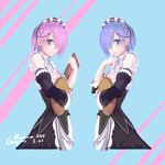  absurdres artist_name bare_shoulders blue_eyes blue_hair breasts cleavage dated detached_collar detached_sleeves finger_in_mouth gorgeous_mushroom hair_over_one_eye hair_tie headdress highres looking_at_viewer maid maid_headdress menu multiple_girls pink_eyes pink_hair ram_(re:zero) re:zero_kara_hajimeru_isekai_seikatsu rem_(re:zero) short_hair siblings sisters small_breasts smile tray twins 