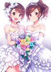  :d bare_shoulders blush bouquet bride brown_eyes brown_hair commentary_request dress earrings elbow_gloves flower futami_ami futami_mami gloves hair_flower hair_ornament happy_birthday idolmaster idolmaster_(classic) ima_(lm_ew) jewelry looking_at_viewer multiple_girls necklace open_mouth siblings side_ponytail sisters smile tiara twins wedding_dress white_dress white_gloves 