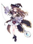  :o absurdres animal_ears boots braid brown_hair center_opening facial_mark fang forehead_mark full_body hat highres long_hair looking_at_viewer maruchi multiple_braids open_mouth original purple_eyes simple_background solo staff standing standing_on_one_leg tail white_background wide_sleeves witch_hat wolf_ears wolf_tail 