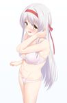  arm_up bare_arms bare_legs bare_shoulders blush bra breasts cleavage collarbone cowboy_shot eyelashes hairband highres kantai_collection lingerie long_hair looking_at_viewer medium_breasts mikazuchi_zeus navel open_mouth panties pink_bra pink_panties shoukaku_(kantai_collection) simple_background solo standing stomach underwear underwear_only white_background white_hair 