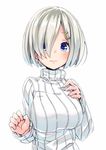  alternate_costume blue_eyes breasts bulbonne commentary_request hair_ornament hair_over_one_eye hairclip hamakaze_(kantai_collection) hand_on_own_chest highres kantai_collection large_breasts ribbed_sweater silver_hair solo striped sweater vertical_stripes wavy_mouth 