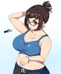 beads belly belly_rub bracelet breasts brown_hair cleavage glasses groin hair_bun hair_ornament hair_stick highres jewelry large_breasts mei_(overwatch) moisture_(chichi) overwatch plump short_hair simple_background solo tank_top white_background 