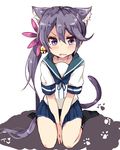  akebono_(kantai_collection) amano_kouki animal_ears bell blush cat_ears cat_tail flower hair_bell hair_flower hair_ornament highres jingle_bell kantai_collection kemonomimi_mode looking_at_viewer open_mouth paw_print purple_eyes purple_hair school_uniform serafuku side_ponytail sitting skirt solo tail v_arms wariza 