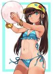  armpits ball beachball bikini blue_bikini blue_ribbon border bracelet brown_hair closed_mouth dark_skin eyebrows flat_chest green_eyes hai_ookami heart heart-shaped_pupils highres holding holding_ball jewelry long_hair looking_at_viewer low_twintails midriff mole mole_under_eye navel one-piece_tan original outside_border outstretched_arms ribbon side-tie_bikini simple_background solo standing stomach swimsuit symbol-shaped_pupils tan tanline thick_eyebrows twintails very_long_hair white_background 
