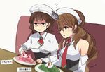  ? annin_musou bad_id bad_pixiv_id blonde_hair brown_eyes brown_hair commentary detached_sleeves disgust food fruit glasses headdress kantai_collection littorio_(kantai_collection) multiple_girls necktie pasta roma_(kantai_collection) shawl sitting strawberry sweatdrop translated whipped_cream 