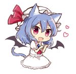  :d animal_ears ascot bat_wings blue_hair blush bow brooch cat_ears cat_tail chibi detached_wings eyebrows eyebrows_visible_through_hair fang hat hat_bow heart jewelry kemonomimi_mode looking_at_viewer low_wings mob_cap open_mouth paw_pose red_eyes remilia_scarlet short_hair simple_background skirt skirt_set smile solo tail touhou v-shaped_eyebrows white_background wings yada_(xxxadaman) 