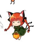  :3 ^_^ animal_ears bangs blunt_bangs blush bow braid cat_ears cat_tail chibi closed_eyes dress ear_wiggle green_dress hair_bow hair_ribbon halloween jack-o'-lantern kaenbyou_rin multiple_tails red_hair ribbon simple_background solo tail touhou tress_ribbon twin_braids v_arms white_background yada_(xxxadaman) 