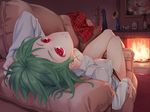  areola_slip areolae asutora billy_herrington billy_herrington_(cameo) black_panties bottle breasts come_hither couch fireplace flower gachimuchi green_hair highres kazami_yuuka large_breasts long_sleeves looking_at_viewer lying naked_shirt nipple_slip nipples on_back on_couch open_clothes open_shirt painting_(object) panties picture_(object) picture_frame red_eyes shirt skirt skirt_removed solo sunflower touhou underwear vase when_you_see_it wriggle_nightbug 