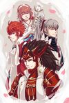  2girls armor brother_and_sister brothers brown_hair cherry_blossoms commentary erisupaisu fire_emblem fire_emblem_if gloves grey_hair hairband highres hinoka_(fire_emblem_if) holding japanese_armor long_hair multiple_boys multiple_girls one_eye_closed pink_hair ponytail red_hair ryouma_(fire_emblem_if) sakura_(fire_emblem_if) short_hair siblings simple_background sisters smile staff takumi_(fire_emblem_if) upper_body 