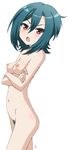  areolae blush breasts crossed_arms female from_side girlfriend_(kari) green_hair looking_at_viewer maeda_saika navel nipples nude open_mouth pubic_hair red_eyes signature simple_background solo vzmk2 white_background 