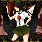  arm_cannon black_hair black_wings bow cape caution contrapposto hair_bow hand_on_hip kneehighs long_hair miniskirt nnyara open_mouth radiation_symbol red_eyes reiuji_utsuho skirt solo standing third_eye touhou weapon wings 