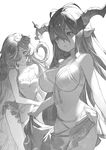  anna_(granblue_fantasy) artist_request bikini breasts casual_one-piece_swimsuit cleavage danua draph frilled_swimsuit frills front-tie_bikini front-tie_top granblue_fantasy greyscale hair_between_eyes hair_over_one_eye highres horn_ornament horns large_breasts long_hair monochrome multiple_girls navel official_art one-piece_swimsuit parted_lips pointy_ears sarong scan swimsuit very_long_hair 