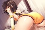  1girl :o black_hair breasts brown_hair censored curtains elbow_gloves flower_knight_girl game_cg gloves hair_ornament hairclip helenium_(flower_knight_girl) hetero leotard long_hair looking_back low-tied_long_hair mosaic_censoring nipples official_art panties panties_aside penis sex shiny shiny_skin small_breasts solo_focus spread_legs straddling sugimeno sweat tears twintails underwear vaginal yellow_eyes yellow_leotard yellow_panties 