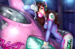  bodysuit bubble_blowing bubblegum d.va_(overwatch) hair_over_one_eye looking_at_viewer mecha overwatch solo spewing_mews wrench 
