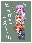  anger_vein aomarugoma bokken bow brown_hair chibi closed_eyes compa d-pad d-pad_hair_ornament hair_bow hair_ornament hairband human_tower if_(choujigen_game_neptune) long_hair multiple_girls neptune_(choujigen_game_neptune) neptune_(series) open_mouth purple_hair ribbon short_hair smile stacking sweater sword weapon wooden_sword 