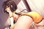  1girl :o black_hair breasts brown_hair censored cum curtains elbow_gloves flower_knight_girl game_cg gloves hair_ornament hairclip helenium_(flower_knight_girl) hetero leotard long_hair looking_back low-tied_long_hair mosaic_censoring nipples official_art overflow panties panties_aside penis sex shiny shiny_skin small_breasts solo_focus spread_legs straddling sugimeno sweat tears twintails underwear vaginal yellow_eyes yellow_leotard yellow_panties 