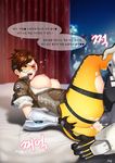  ah-lyong_lee ass ass_grab bangs bestiality bodysuit breasts brown_hair commentary_request cum gloves goggles gorilla grabbing_own_ass highres jacket large_breasts large_penis nipples overwatch penis sex short_hair smile spiked_hair thighs tracer_(overwatch) translation_request winston_(overwatch) 