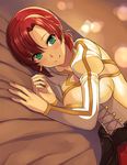  asato_(fadeless) blue_eyes boudica_(fate/grand_order) corset earrings fate/grand_order fate_(series) highres jewelry lying on_side ponytail red_hair shrug_(clothing) smile solo 