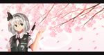  akaiha_(akaihasugk) black_hairband bow cherry_blossoms green_eyes green_vest hairband hand_up highres konpaku_youmu konpaku_youmu_(ghost) letterboxed looking_to_the_side petals pink_background shiny shiny_hair shirt short_hair silver_hair smile solo touhou tree upper_body vest white_shirt 