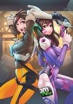  adunba_rell arms_up ass ass-to-ass back-to-back bodysuit brown_hair d.va_(overwatch) looking_at_viewer multiple_girls overwatch tracer_(overwatch) 