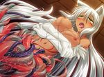  ahegao animal_ears areolae blush bondage breasts brigitte_rapidfang claw dark_skin drooling dual_tail female game_cg green_eyes jewelry large_breasts long_hair navel nipples saliva single_earring solo sweat tattoo tears tentacle tongue tongue_out venus_blood venus_blood:_chimera very_long_hair white_hair wolf_ears 