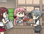  akashi_(kantai_collection) apron bike_shorts brown_hair commentary dated drum_(container) gloves green_eyes grey_hair hachimaki hair_ribbon hamu_koutarou headband kantai_collection kuroshio_(kantai_collection) long_sleeves multiple_girls noshiro_(kantai_collection) pink_hair pleated_skirt pot price_tag ribbon school_uniform serafuku shelf short_hair skirt takoyaki_pan tress_ribbon white_gloves yellow_eyes 