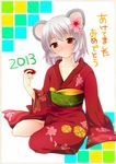  animal_ears blush collarbone drunk flower grey_hair hair_flower hair_ornament japanese_clothes kimono mouse_ears nazrin nnyara open_mouth red_eyes sitting solo touhou yokozuwari 