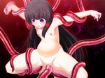  barefoot black_hair blush breasts censored collarbone dual_tail female game_cg hair_ornament hair_ribbon inflation long_hair navel nipples nude open_mouth purple_eyes pussy red_ribbon restrained ribbon seimein_tomoe small_breasts solo spread_legs stomach_bulge tears tentacle venus_blood venus_blood:_gaia 