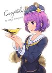  animal_ears beret bird bird_on_hand collarbone congratulations cross ddal eyebrows eyebrows_visible_through_hair flower_ornament from_side hat highres looking_at_another open_mouth original purple_eyes purple_hair school_uniform short_hair simple_background solo tail white_background 