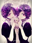 amethyst_(houseki_no_kuni) androgynous black_neckwear braid canarinu character_name closed_mouth colored_eyelashes gem_uniform_(houseki_no_kuni) hair_over_one_eye head_to_head holding_hands houseki_no_kuni interlocked_fingers looking_at_another looking_at_viewer multiple_others nail_polish necktie one_eye_covered puffy_short_sleeves puffy_sleeves purple_eyes purple_hair purple_lips purple_nails short_hair short_sleeves siblings simple_background smile sparkle twins uniform upper_body 