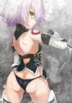  ass assassin_of_black back bandage bare_shoulders belt black_panties blush boots breasts butt_crack dagger fate/apocrypha fate/grand_order fate_(series) fingerless_gloves from_behind gloves grey_background highres holding looking_at_viewer looking_back panties red_eyes scar shimeji_nameko short_hair simple_background small_breasts solo standing tattoo thighhighs underwear weapon white_hair yellow_eyes 