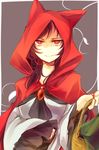  basket brooch brown_hair commentary_request cosplay fingernails hood imaizumi_kagerou jewelry kutsuki_kai little_red_riding_hood little_red_riding_hood_(grimm) little_red_riding_hood_(grimm)_(cosplay) long_fingernails long_hair long_sleeves looking_at_viewer nail_polish red_eyes red_hood red_nails shaded_face smile solo touhou upper_body wide_sleeves 