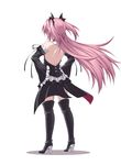  black_dress black_footwear black_legwear boots detached_sleeves dress from_behind full_body hair_ornament hands_on_hips high_heel_boots high_heels krul_tepes kyuutou_(kyuutouryuu) long_hair owari_no_seraph pink_hair pointy_ears simple_background solo thigh_boots thighhighs white_background 