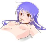  1girl ahoge angry annoyed areola ass blonde_hair blue_hair breasts giantess long_hair lying miniboy nipples noneto nude on_back open_mouth purple_eyes size_difference small_breasts 