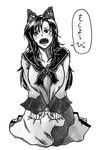  animal_ears barefoot blush breasts brooch dress fangs greyscale hips imaizumi_kagerou jewelry koyubi_(littlefinger1988) large_breasts long_hair looking_to_the_side looking_up monochrome open_mouth sitting solo tongue touhou very_long_hair wariza wolf_ears 