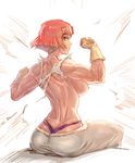  arms_up bow_(bhp) breasts clenched_hand closed_mouth from_behind gloves injury koutetsujou_no_kabaneri large_breasts muscle muscular_female pants pink_hair purple_eyes scratches serious shirt short_hair sideboob simple_background sitting solo thong torn_clothes torn_shirt whale_tail white_background white_gloves white_pants yukina_(kabaneri) 