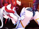  albino anal arms_behind_head arms_up ass blush breast_grab breasts dual_tail female game_cg jewelry kneeling long_hair nipples red_eyes regret_(venus_blood) skirt small_breasts solo sweat tentacle twintails venus_blood venus_blood:_frontier white_hair white_skirt 