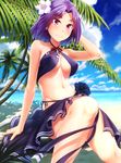  arm_at_side arm_support bangs bare_shoulders beach bikini black_flower black_rose blue_sky blurry blush bow breasts cleavage closed_mouth cloud covered_nipples day depth_of_field eyebrows eyebrows_visible_through_hair flower groin hair_ornament hand_on_own_head hibiscus in_tree kantai_collection looking_at_viewer md5_mismatch medium_breasts mole mole_under_eye motomatsu_naoki navel ocean outdoors palm_tree parted_bangs pink_eyes purple_bikini purple_eyes purple_hair red_bow red_ribbon ribbon rose sand sarong shade short_hair side-tie_bikini sitting sky solo stomach summer swimsuit tatsuta_(kantai_collection) tree tree_shade tropical underboob white_flower 