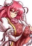  :o bandaged_arm bandages between_breasts breasts bun_cover chinese_clothes cuffs double_bun flower highres huge_breasts ibaraki_kasen looking_at_viewer mazume pink_eyes pink_flower pink_hair pink_rose puffy_short_sleeves puffy_sleeves rose shackles short_hair short_sleeves solo tabard touhou tsurime upper_body v-shaped_eyebrows white_background 