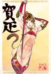  abs bikini brown_hair chinese_clothes f.s. flat_chest green_eyes hair_ornament highres monkey_tail pole solo swimsuit tail thighhighs 