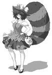  animal_ears bell bow dress full_body futatsuiwa_mamizou glasses gourd greyscale hand_on_hip hat hat_bow jingle_bell leaf leaf_on_head looking_at_viewer mazume monochrome pince-nez raccoon_ears raccoon_tail sandals short_hair smile solo tail tanuki touhou 